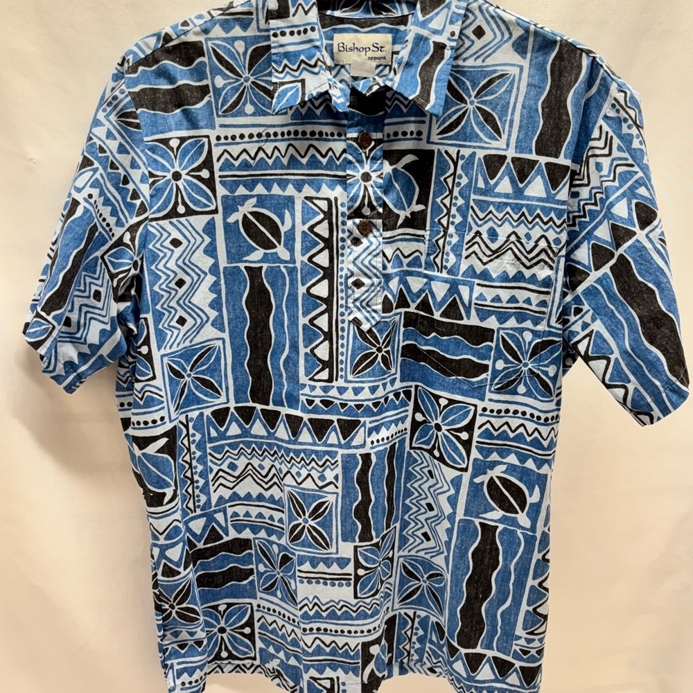 Bishop Street Blue Hawaiian Shirt Mens Size 2XL W Pocket/side Slits Pullover